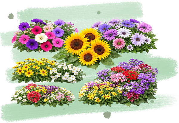 Blühende Zierpflanzen in verschiedenen Farben, dicht arrangiert.