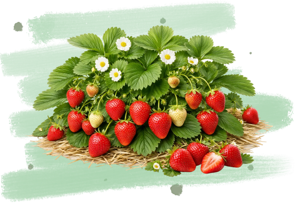 Erdbeerpflanze mit reifen und unreifen Früchten auf Stroh.