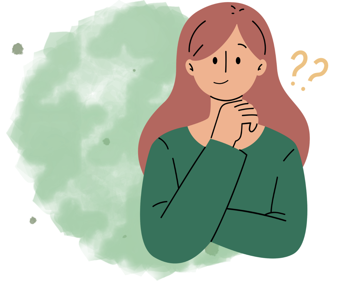 Illustrierte Person in nachdenklicher Haltung vor grünem Hintergrund mit Fragezeichen.