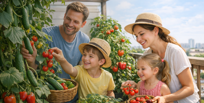 Familie erntet Tomaten und Gurken in einem Gewächshaus, gefüllte Körbe mit Gemüse.