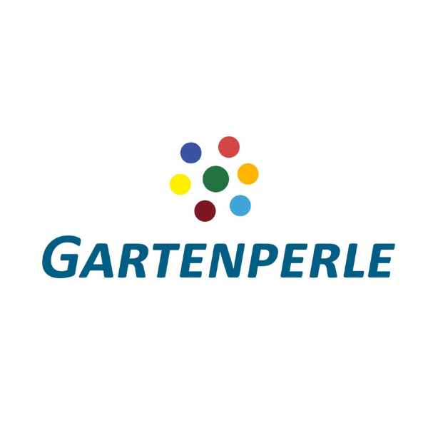 Quadratisches Markenlogo mit farbigen Punkten und Schriftzug „GARTENPERLE“.