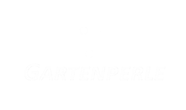 Markenlogo mit farbigen Punkten über Schriftzug „GARTENPERLE“.