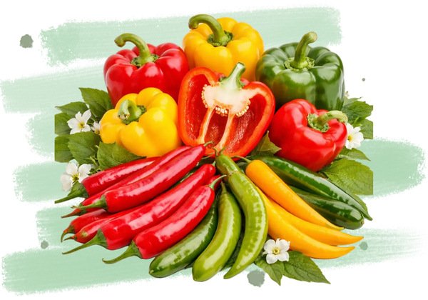 Bunte Paprika und Chilischoten, teilweise aufgeschnitten, auf grünem Hintergrund.