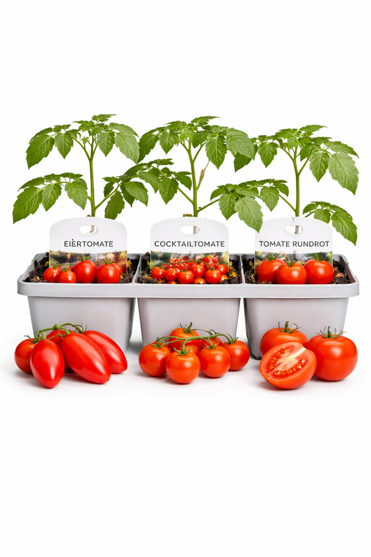 6 Tomatenpflanzen Set 🍅 3 Sorten Mix – Cocktail-, Eier- & Rundtomaten